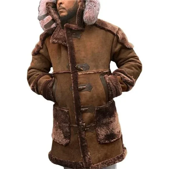 Men's Shearling Leather Coat Faux Suede Sherpa Lined Sheepskin Jacket with Hood - Picture 4 of 5